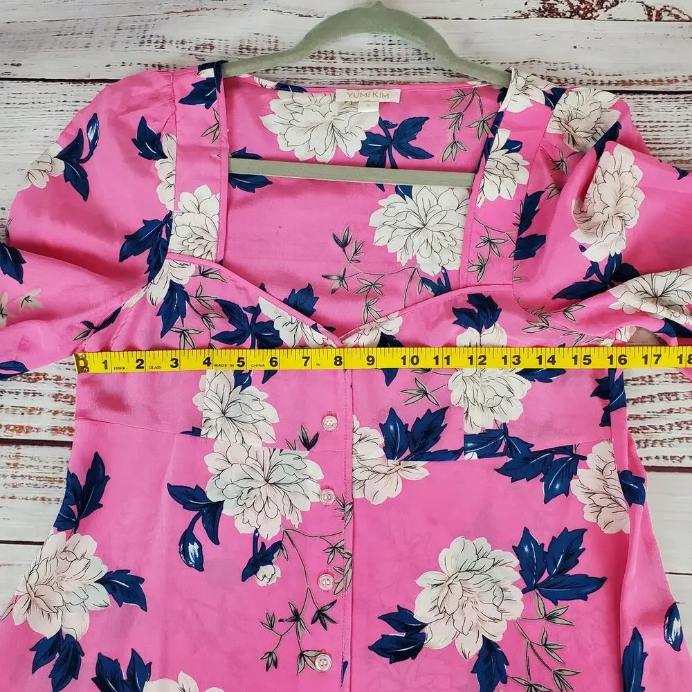 Yumi Kim Velvet Morning Hot Pink Floral Blouse S Silky Puff Sleeves Tropical Top